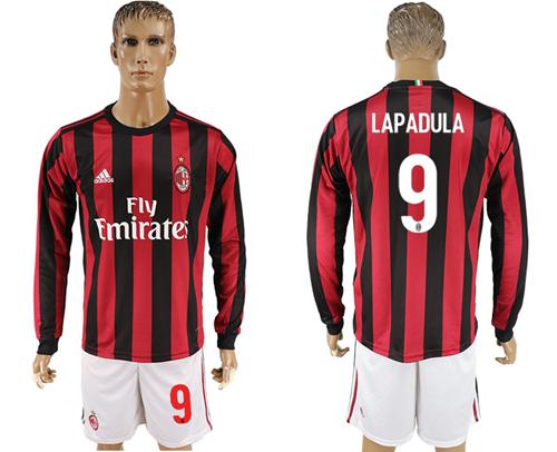 AC Milan #9 Lapadula Home Long Sleeves Soccer Club Jersey